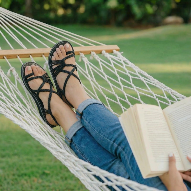 Plaka Palm Leaf Flat Summer Sandals for Women | Perfect for the Beach Walking & Dressy Occasions | Black | Size 10 - Image 5
